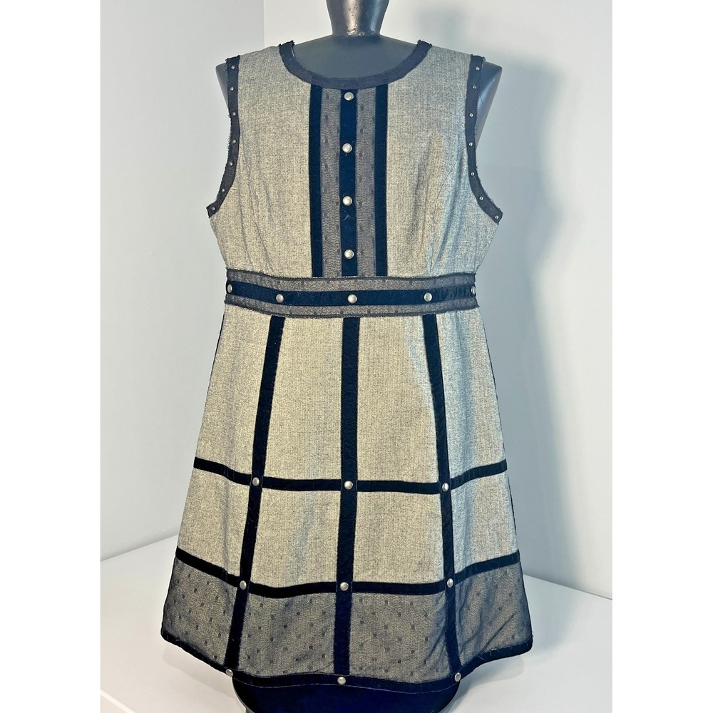 Anna Sui Birdcage Shift Dress Sz 13 Herringbone Velvet Trim Studded Steampunk